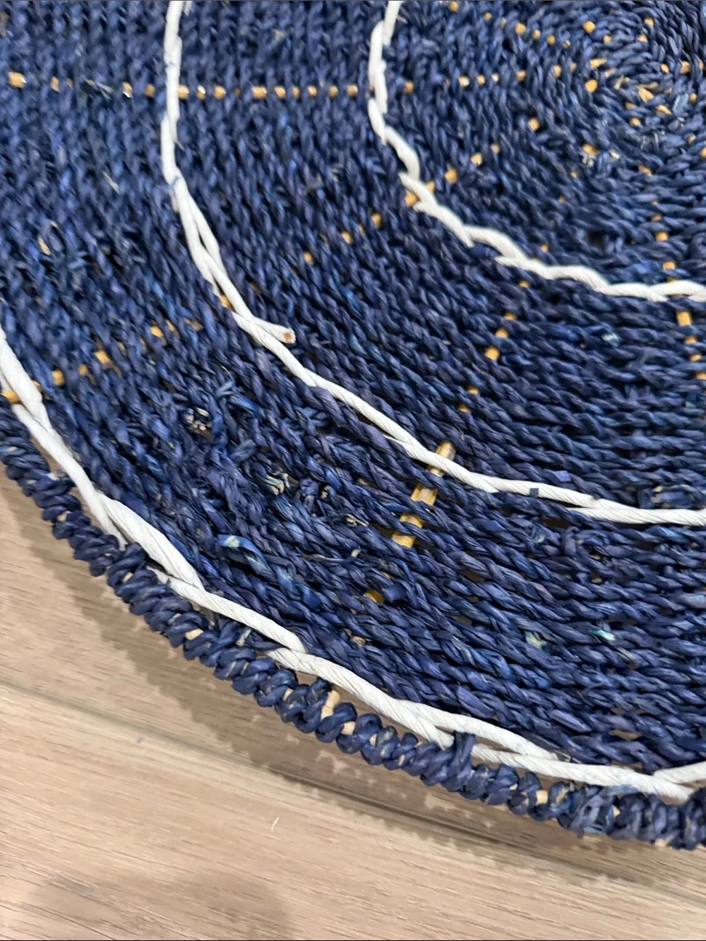 Handwoven Navy and White Round Seagrass Accent Wall Hanging.